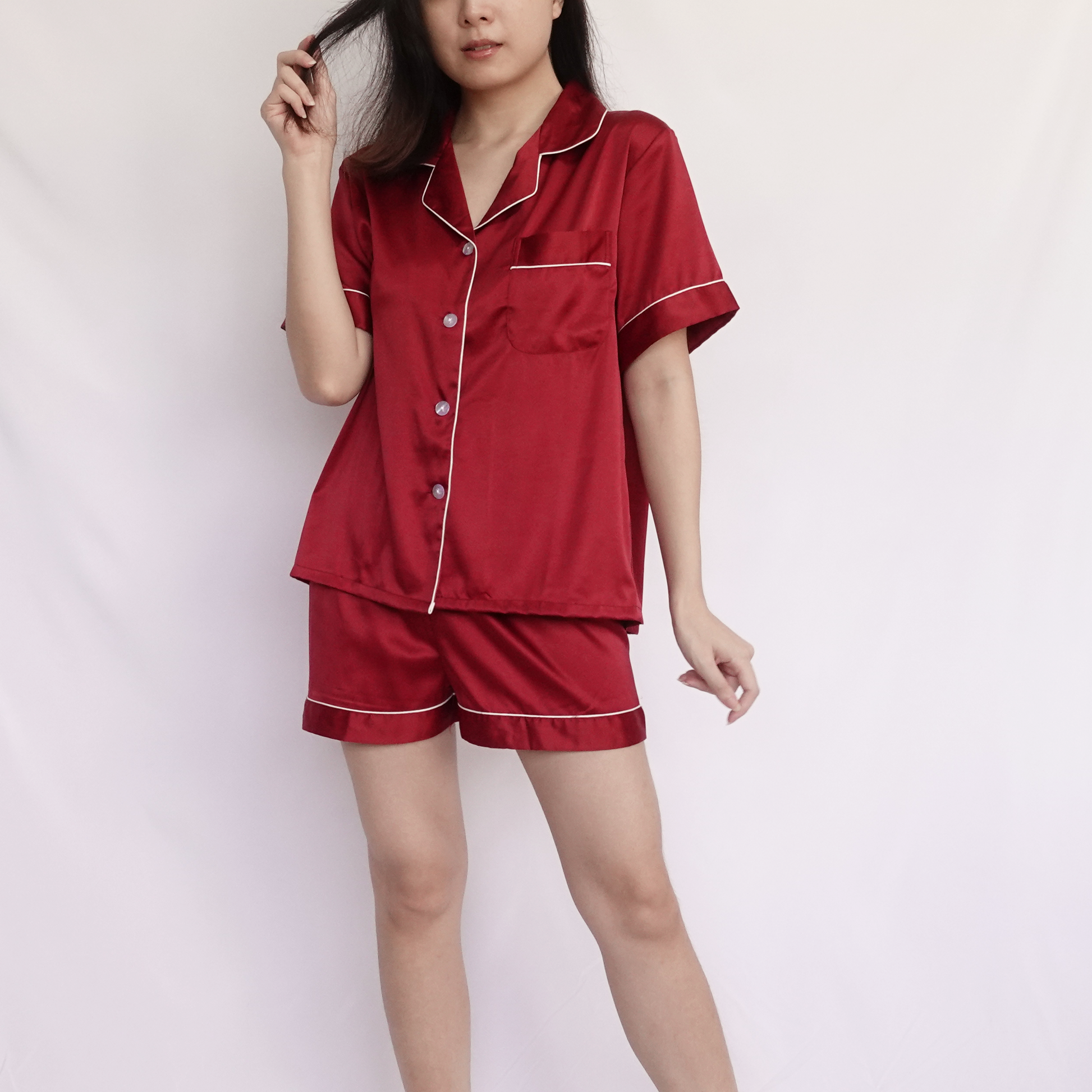 LUNA Plain Silk Satin Shorts Set